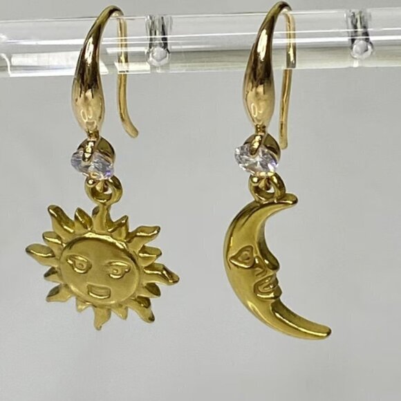 Gold Sun & Moon Earrings Stainless Steel Cubic Zirconia Earwires - Picture 1 of 5
